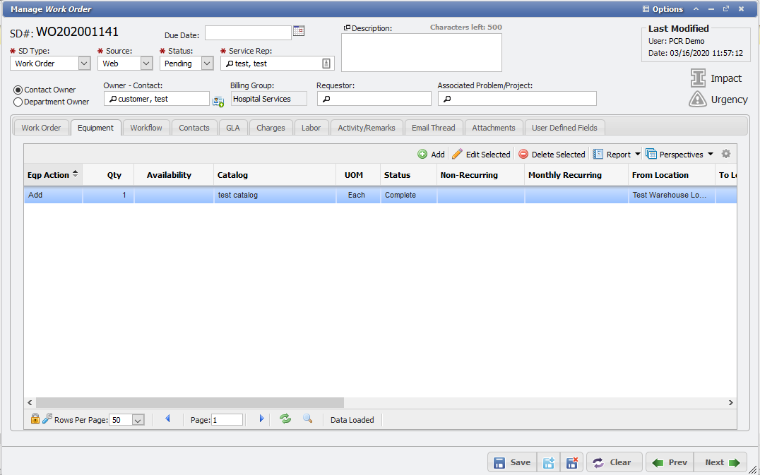 Service Desk Equipment Status example