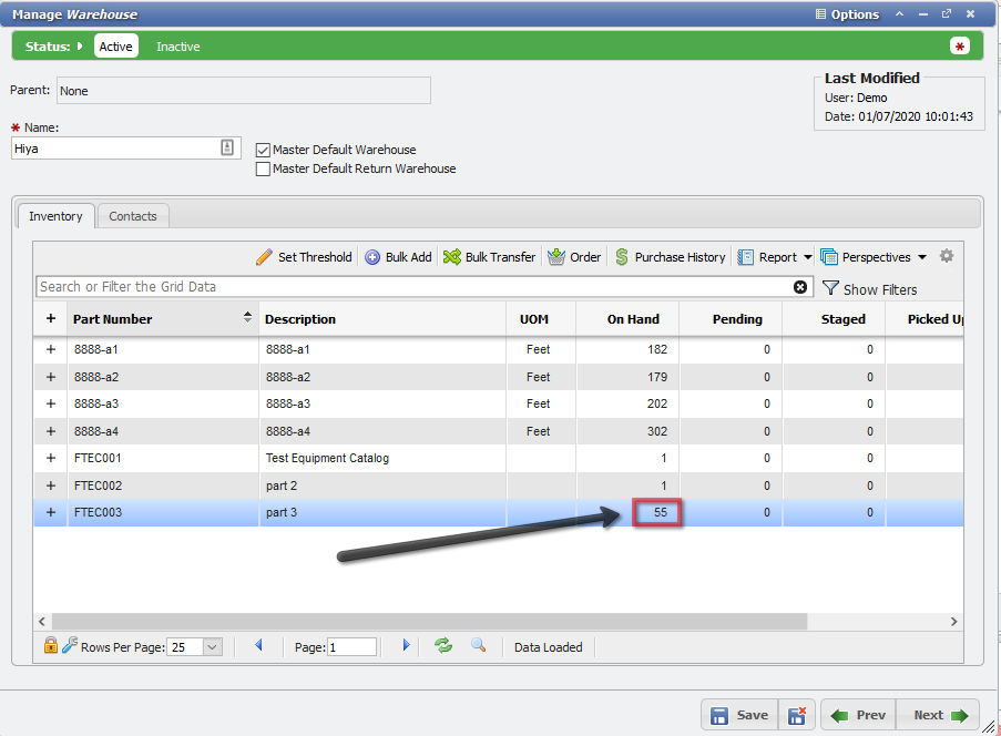 Warehouse bulk transfer example