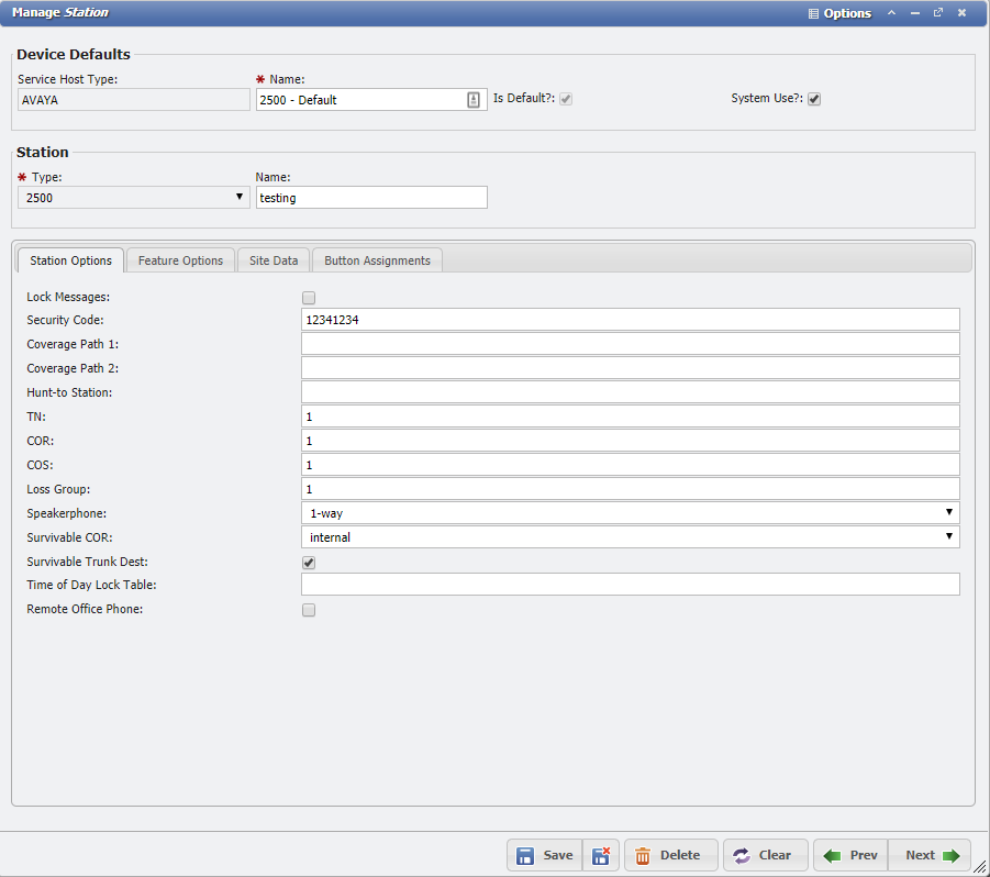 Manage Station Device Default form example