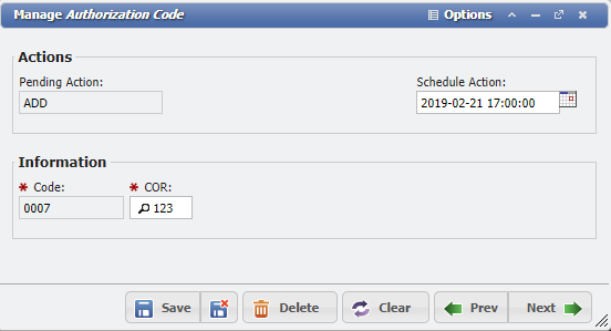 Manage Authoriztion Code Form