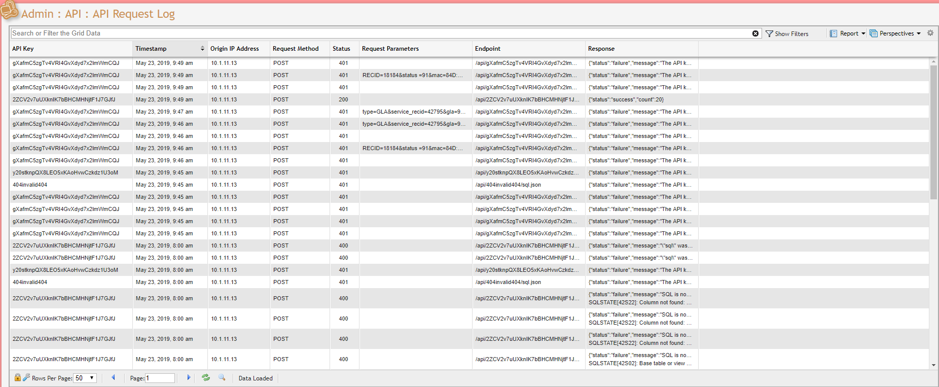 API Request Log Grid Example