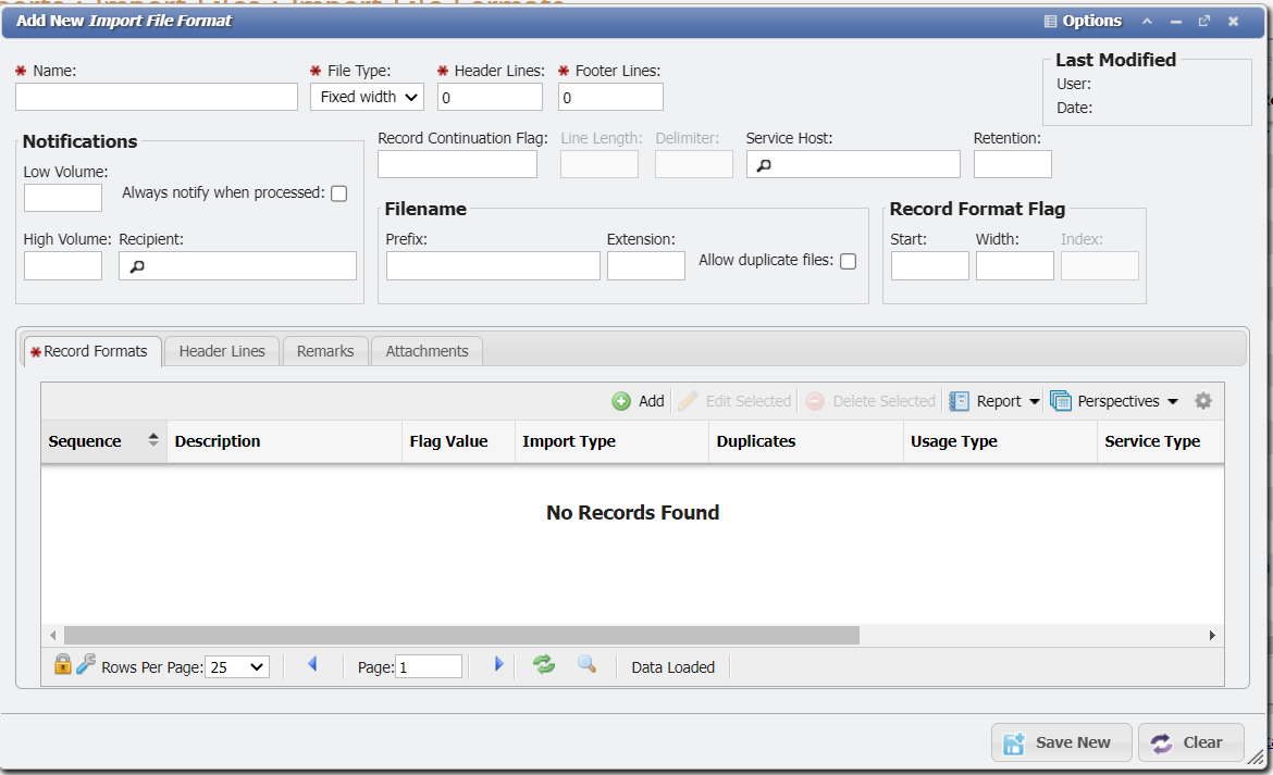 Add New Import File Format form