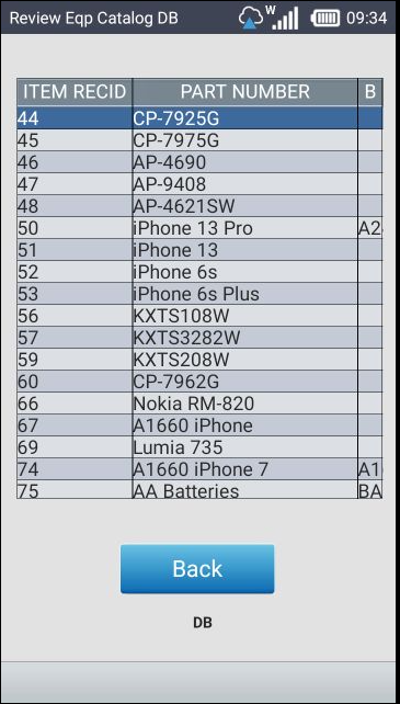 Review Equipment Catalog Database screen