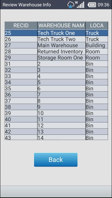 Review Warehouse Info screen
