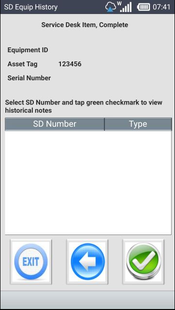 Service Desk Equipment History screen