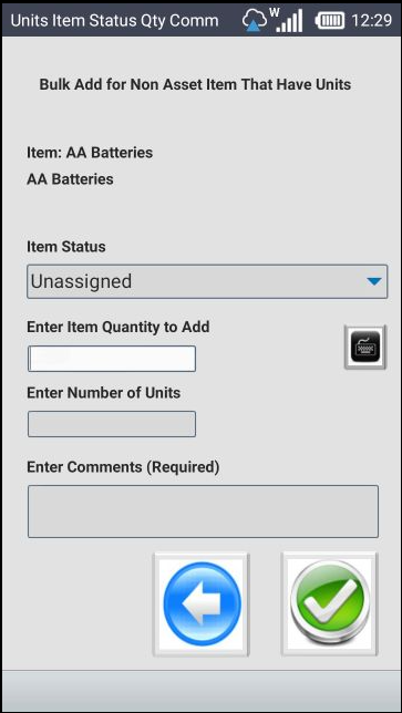 Units Item Status Quantity Comment screen