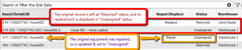 Return Order Equipment Grid