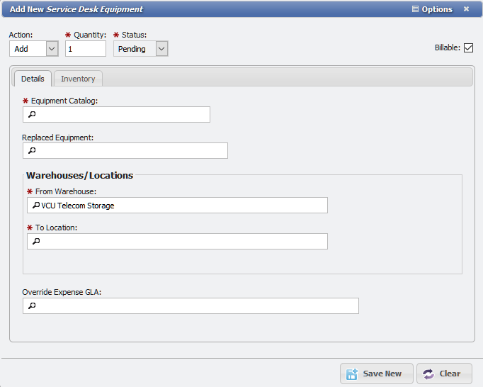 Add New Service Desk Equipment form