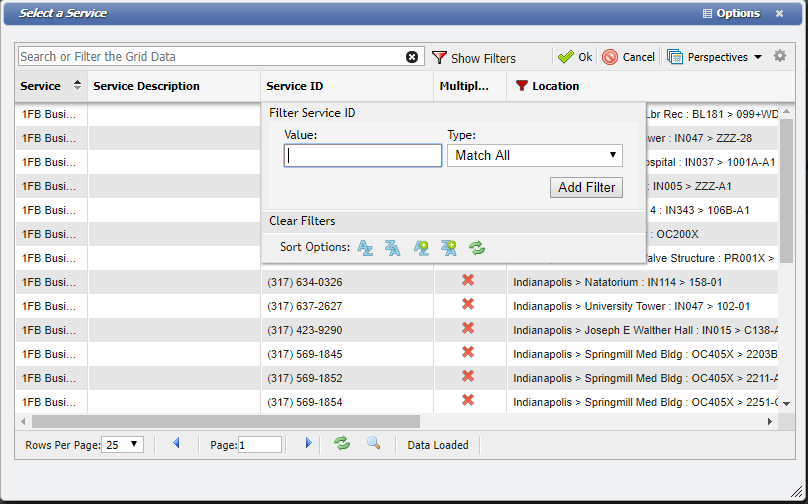 Select a Service Filter form