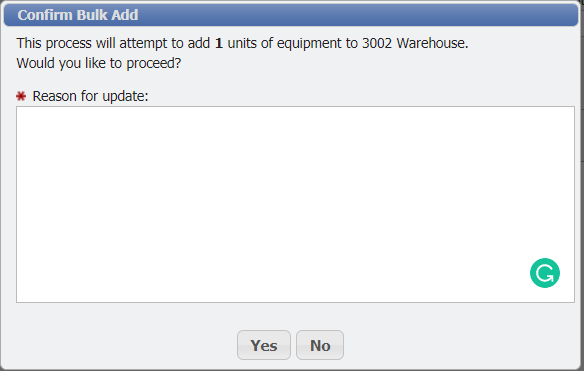 Barcode Physical Inventory Bulk Add Confirmation form example