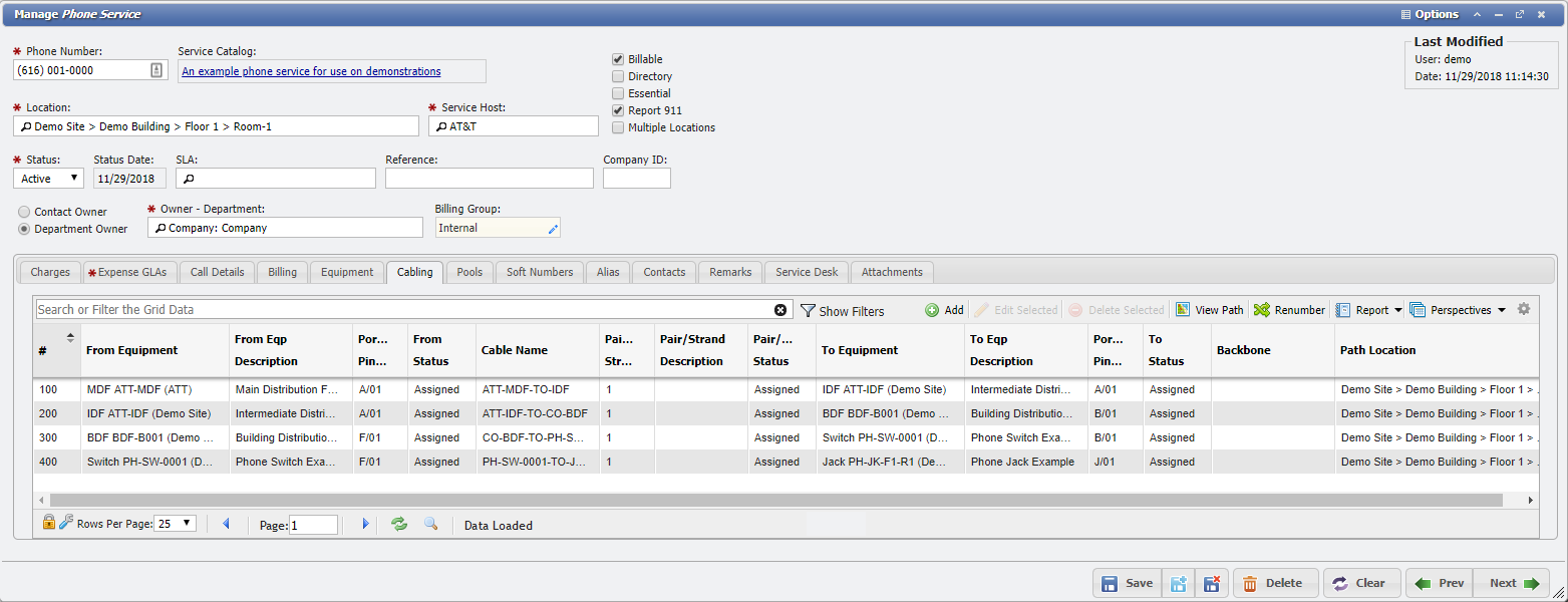 An example Service with a Cable Path save on it.