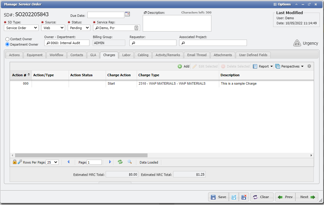 Service Order Charge Example