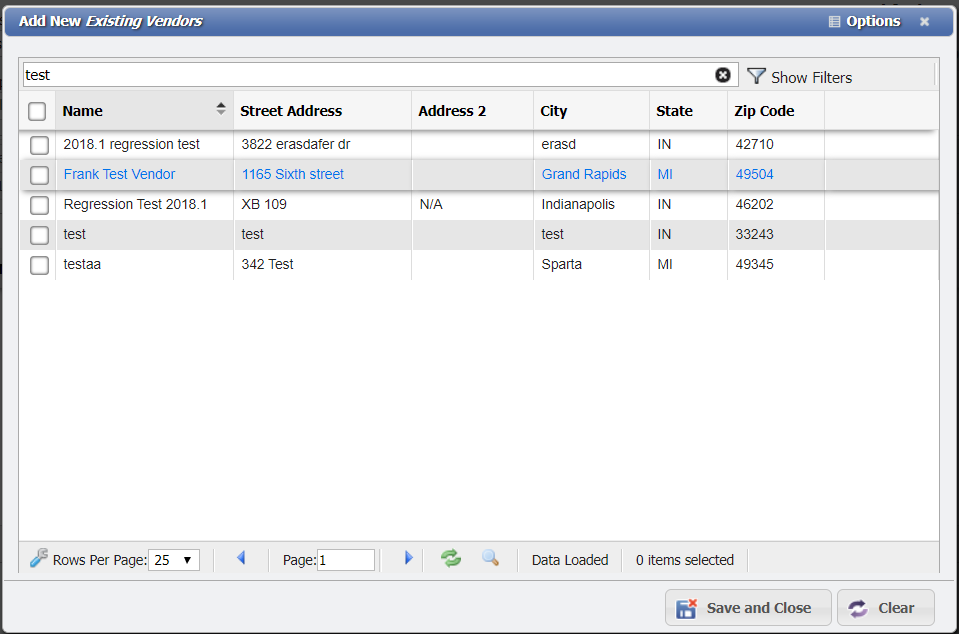 Manage Existing Vendors form