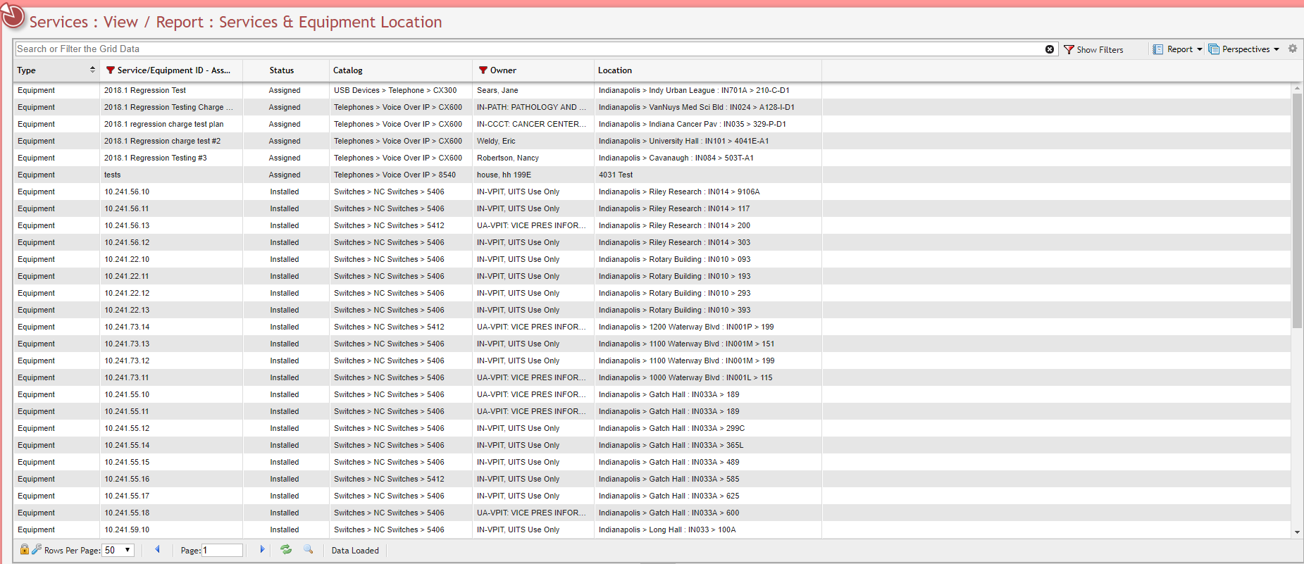 Services And Equipment Location grid