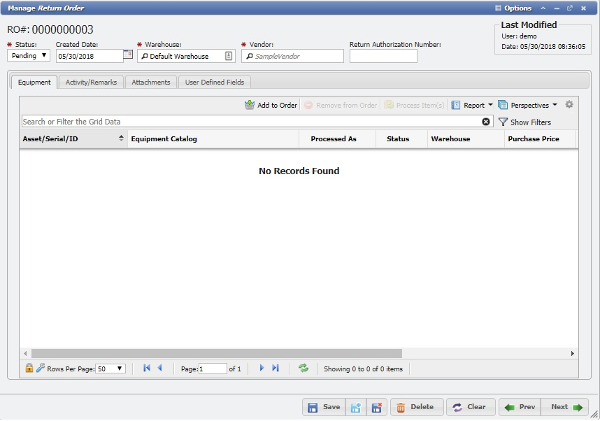 Inventory Return Order 