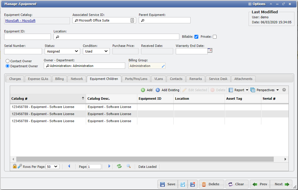 Example of a Equipment attached to a Service with Child Licenses
