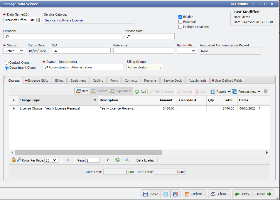 Example of a Service with Equipment License