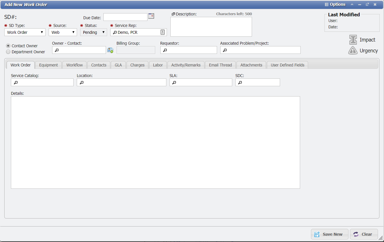 Add New Work Order Form example