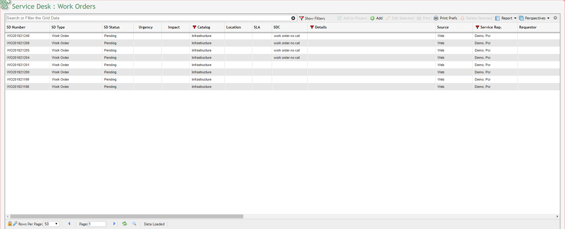 Service Desk Work Order Grid example