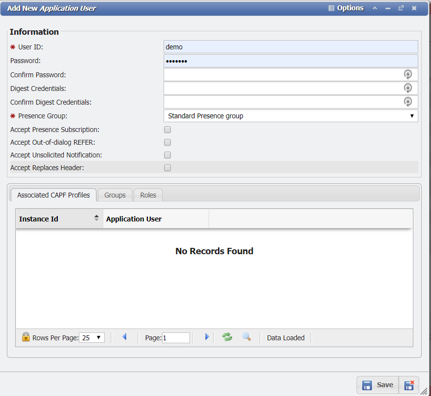 Add New Application User Form example