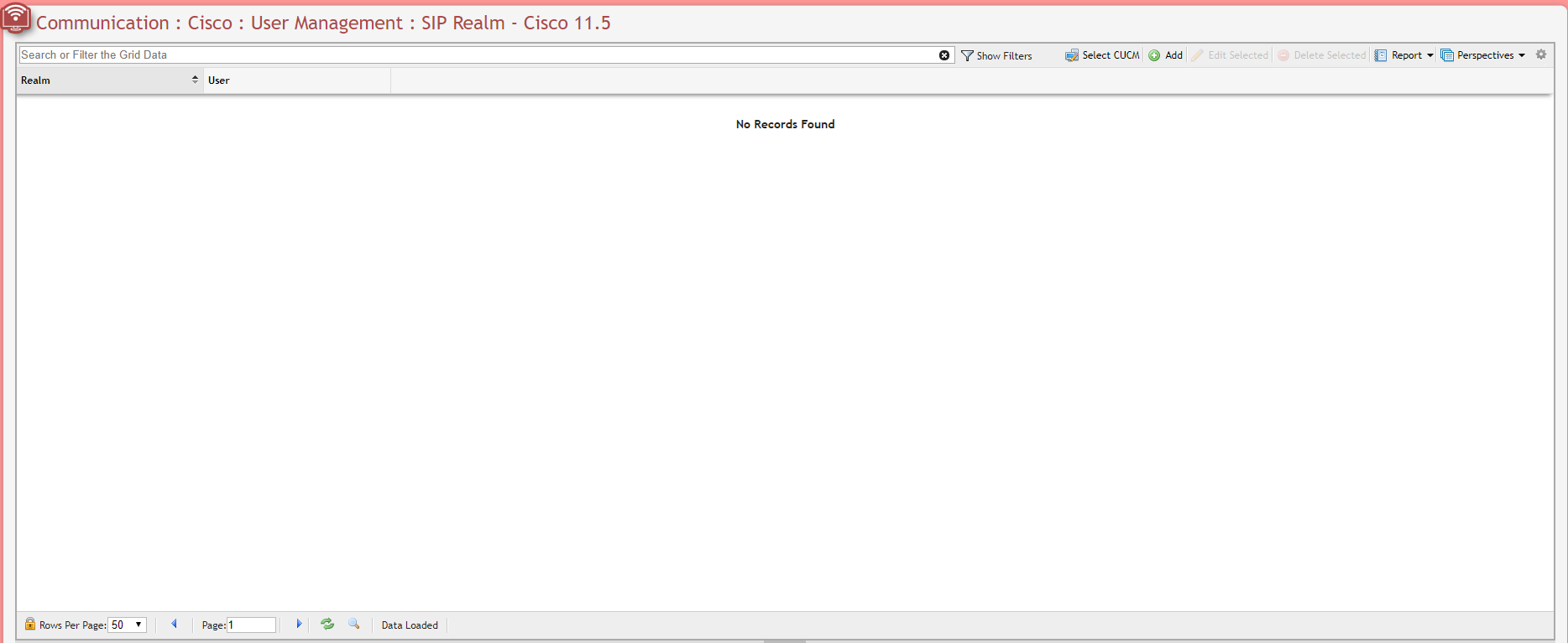 User Management SIP Realm Grid example