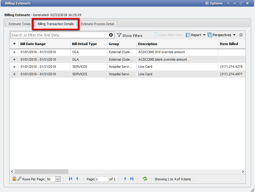 Billing Transaction Details Tab example