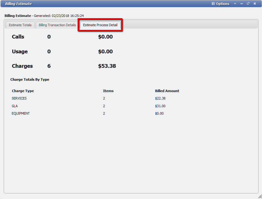 Estimate Process Detail Tab example