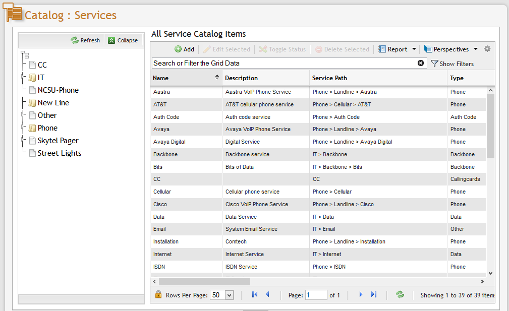Service Catalog Grid Example