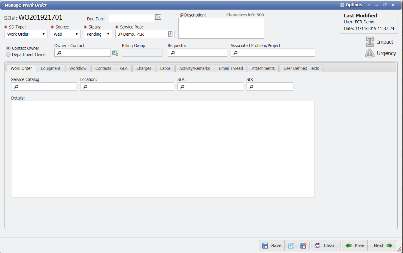 Manage Work Order Form example