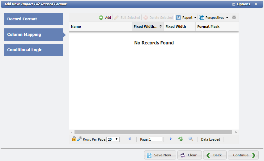 Add New Import File Format Record Format, Column Mapping Wizard