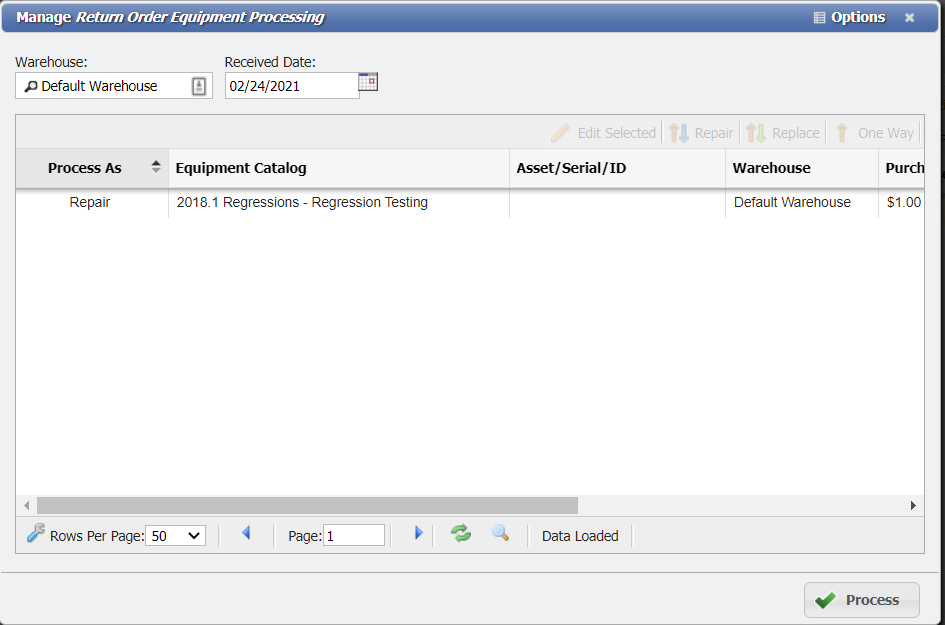 Manage Return Order Equipment Processing form example