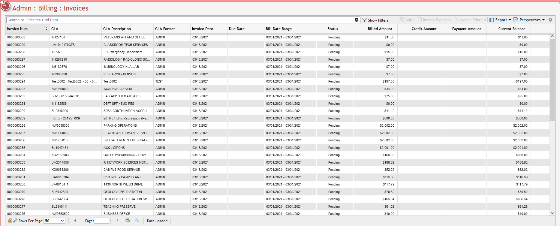 Billing Invoice Grid example