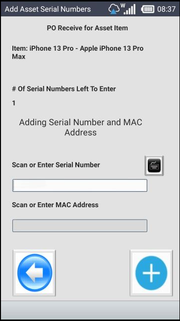 Add Asset Serial Numbers screen