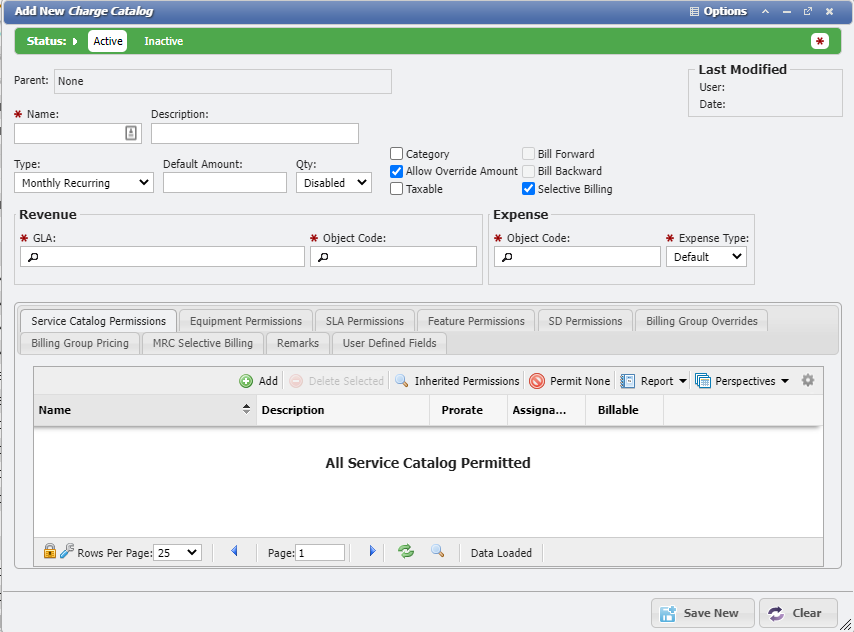 New Charge Catalog Form