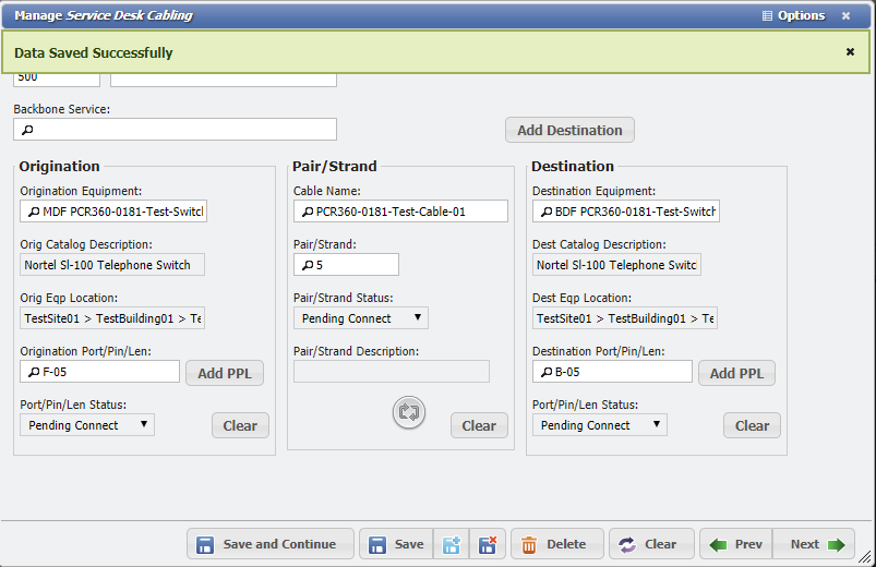 Manage Service Desk Cabling Form example